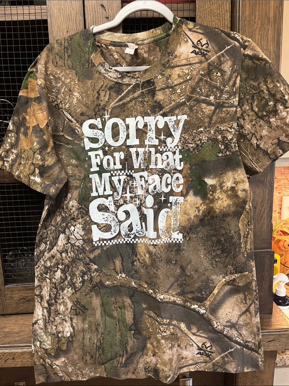 New real tree camo print sorry for what my face said T-shirt, medium